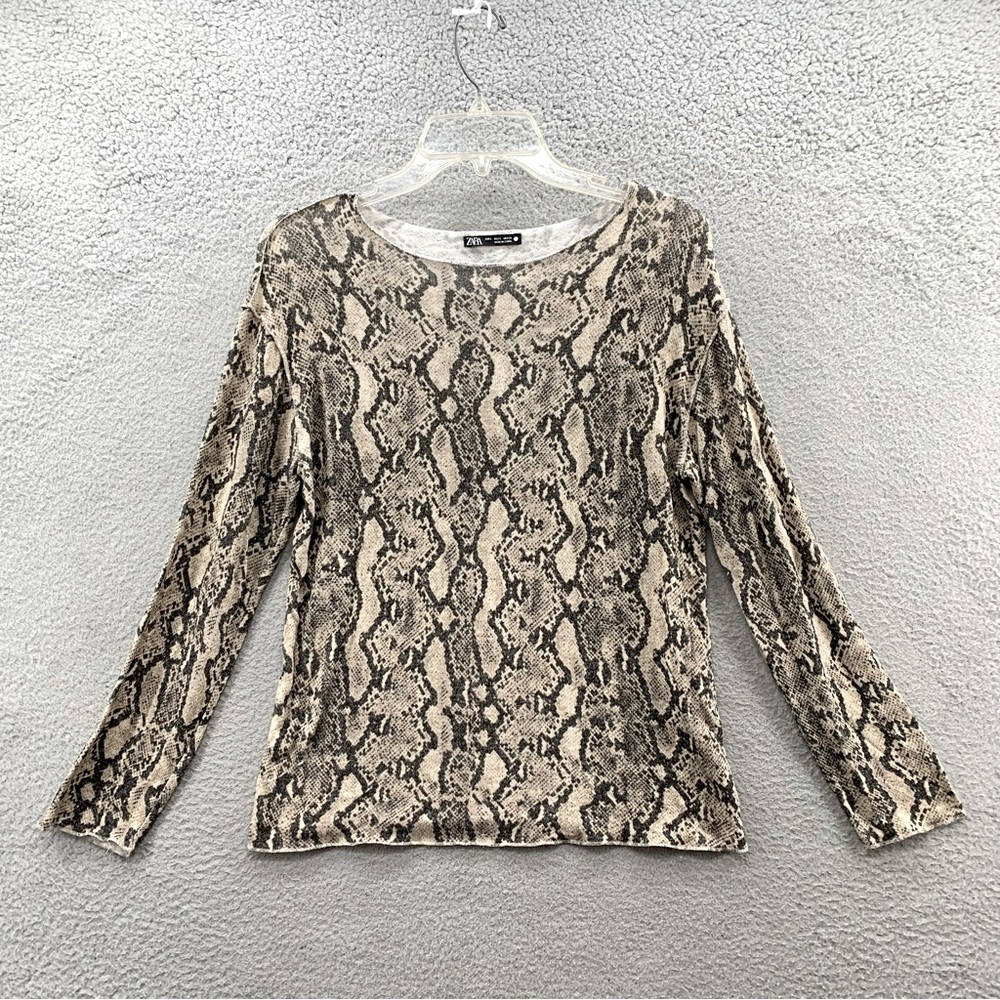 Zara Women's Snake Skin Animal Print Soft Touch Sweater Top Beige Gray Size S